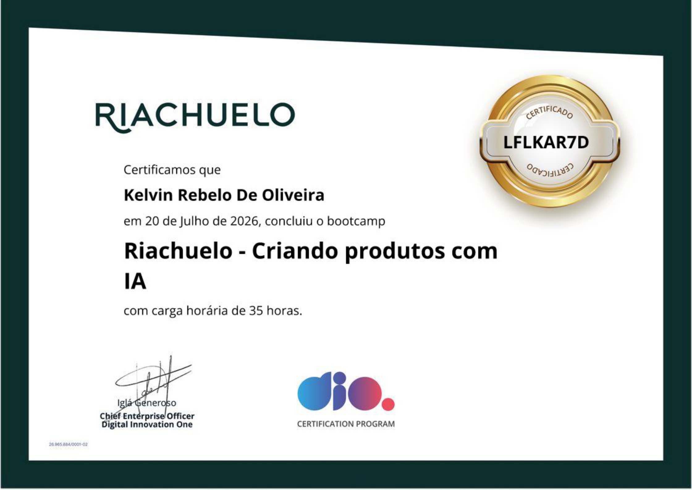 Certificado Bootcamp Riachuelo — Criando Produtos com IA